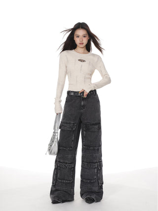 Hollow shoulder long-sleeved top