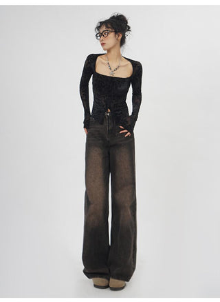 Square collar black lace bottoming top