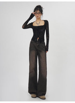 Square collar black lace bottoming top