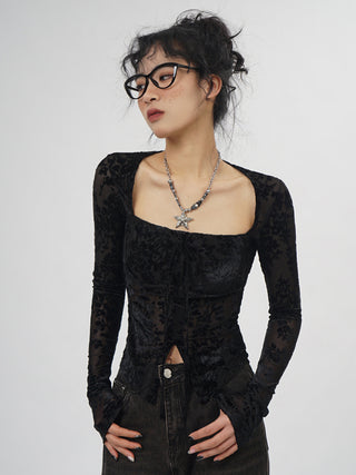 Square collar black lace bottoming top