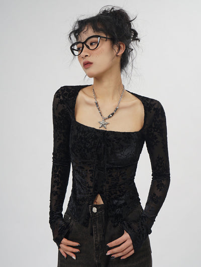 Square collar black lace bottoming top