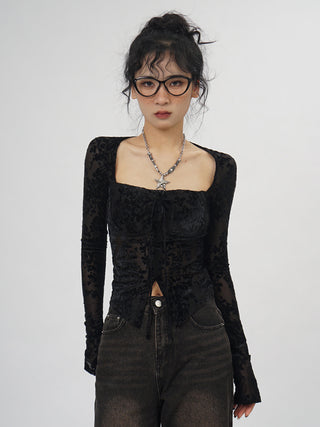 Square collar black lace bottoming top