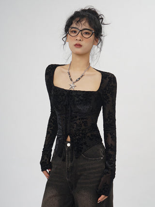 Square collar black lace bottoming top