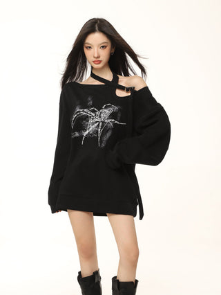 One-shoulder spider graphic long-sleeved top