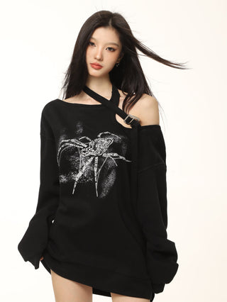 One-shoulder spider graphic long-sleeved top