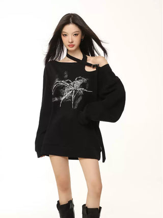 One-shoulder spider graphic long-sleeved top