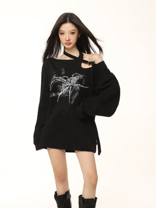 One-shoulder spider graphic long-sleeved top