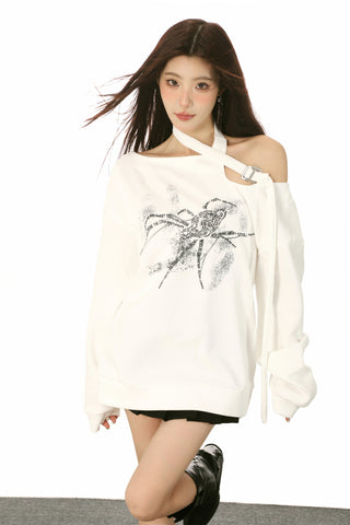 One-shoulder spider graphic long-sleeved top