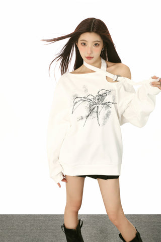 One-shoulder spider graphic long-sleeved top