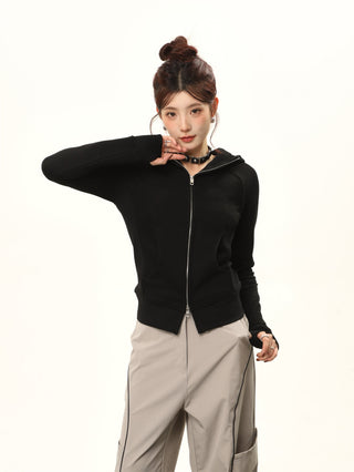 Hooded double zipper slim cardigan