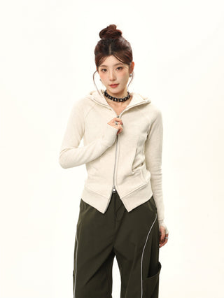 Hooded double zipper slim cardigan