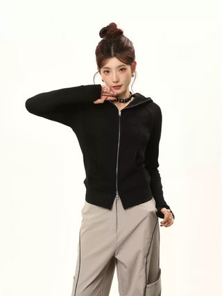 Hooded double zipper slim cardigan