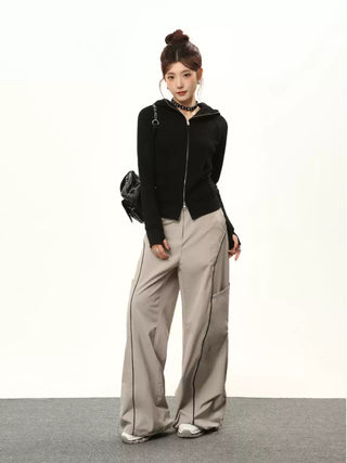 Hooded double zipper slim cardigan