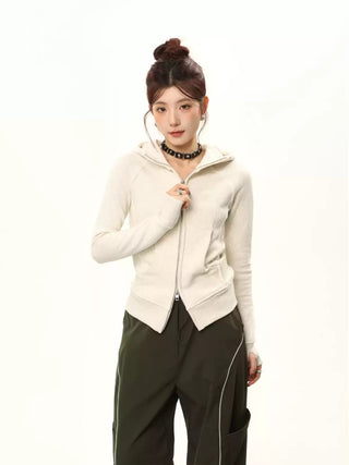 Hooded double zipper slim cardigan