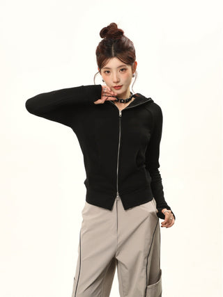 Hooded double zipper slim cardigan