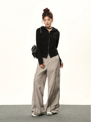 Hooded double zipper slim cardigan