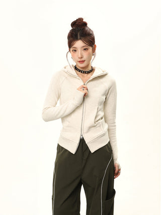 Hooded double zipper slim cardigan