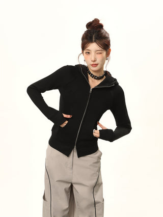 Hooded double zipper slim cardigan