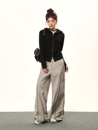 Hooded double zipper slim cardigan