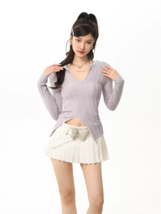 V-neck knit sweater and slim fit wool skirt suit