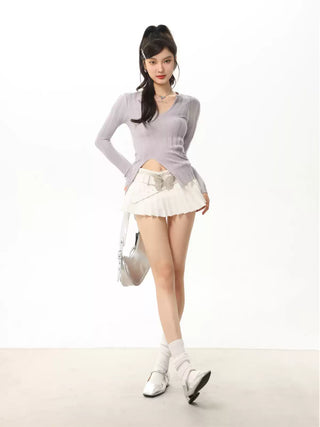 V-neck knit sweater and slim fit wool skirt suit