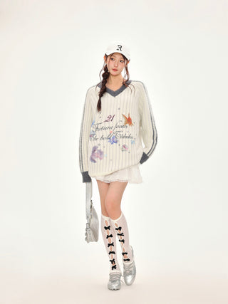 Printed V-Neck Striped Knitted Sweater