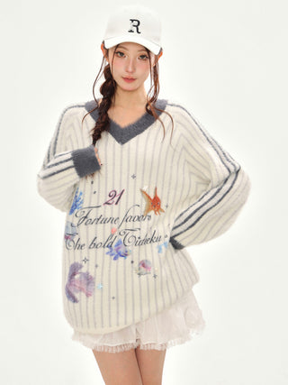 Printed V-Neck Striped Knitted Sweater