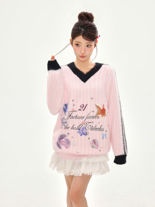 Printed V-Neck Striped Knitted Sweater