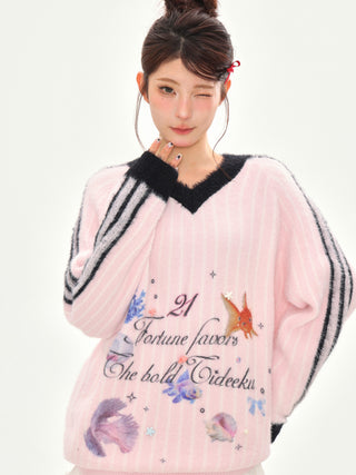 Printed V-Neck Striped Knitted Sweater