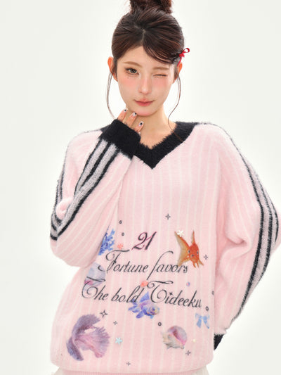 Printed V-Neck Striped Knitted Sweater