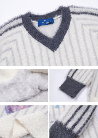 Printed V-Neck Striped Knitted Sweater