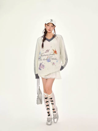 Printed V-Neck Striped Knitted Sweater