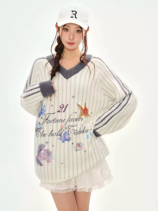 Printed V-Neck Striped Knitted Sweater