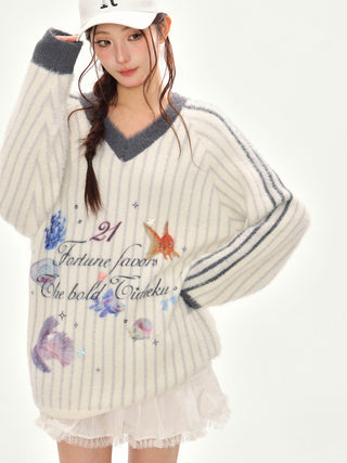 Printed V-Neck Striped Knitted Sweater