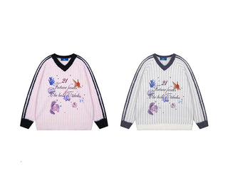 Printed V-Neck Striped Knitted Sweater