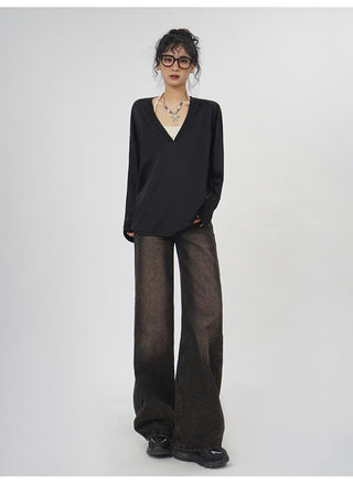 V-neck long-sleeved oversize T-shirt