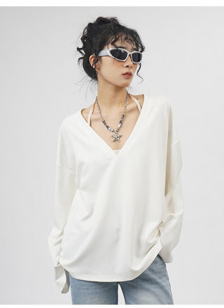 V-neck long-sleeved oversize T-shirt