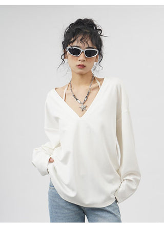 V-neck long-sleeved oversize T-shirt