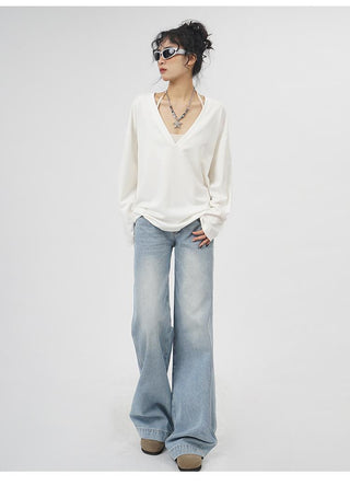 V-neck long-sleeved oversize T-shirt