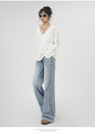 V-neck long-sleeved oversize T-shirt