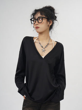 V-neck long-sleeved oversize T-shirt