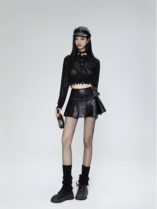 High waist a-line pleated leather skirt
