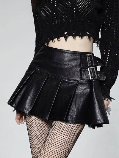 High waist a-line pleated leather skirt