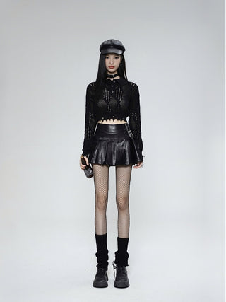 High waist a-line pleated leather skirt