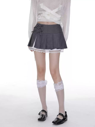 Lace stitching bow-knot pleated short skirt