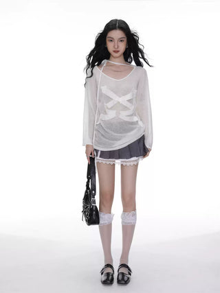 Lace stitching bow-knot pleated short skirt