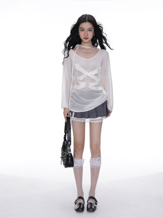 Lace stitching bow-knot pleated short skirt