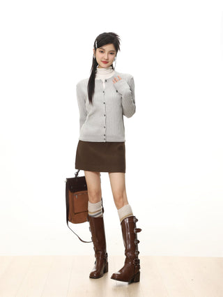 Button-up high waist thickened woolen skirt