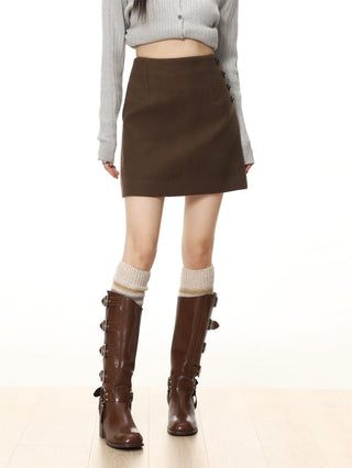 Button-up high waist thickened woolen skirt