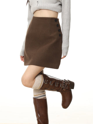 Button-up high waist thickened woolen skirt